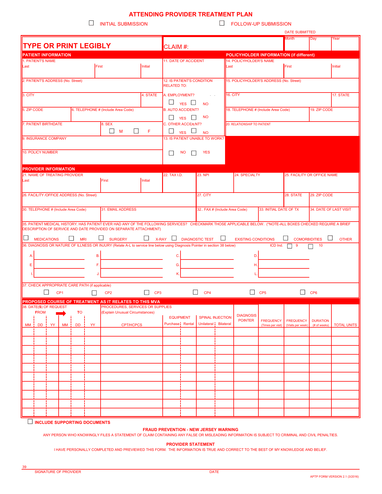 New Jersey Attending Provider Treatment Plan form with the sections an agent prepares highlighted